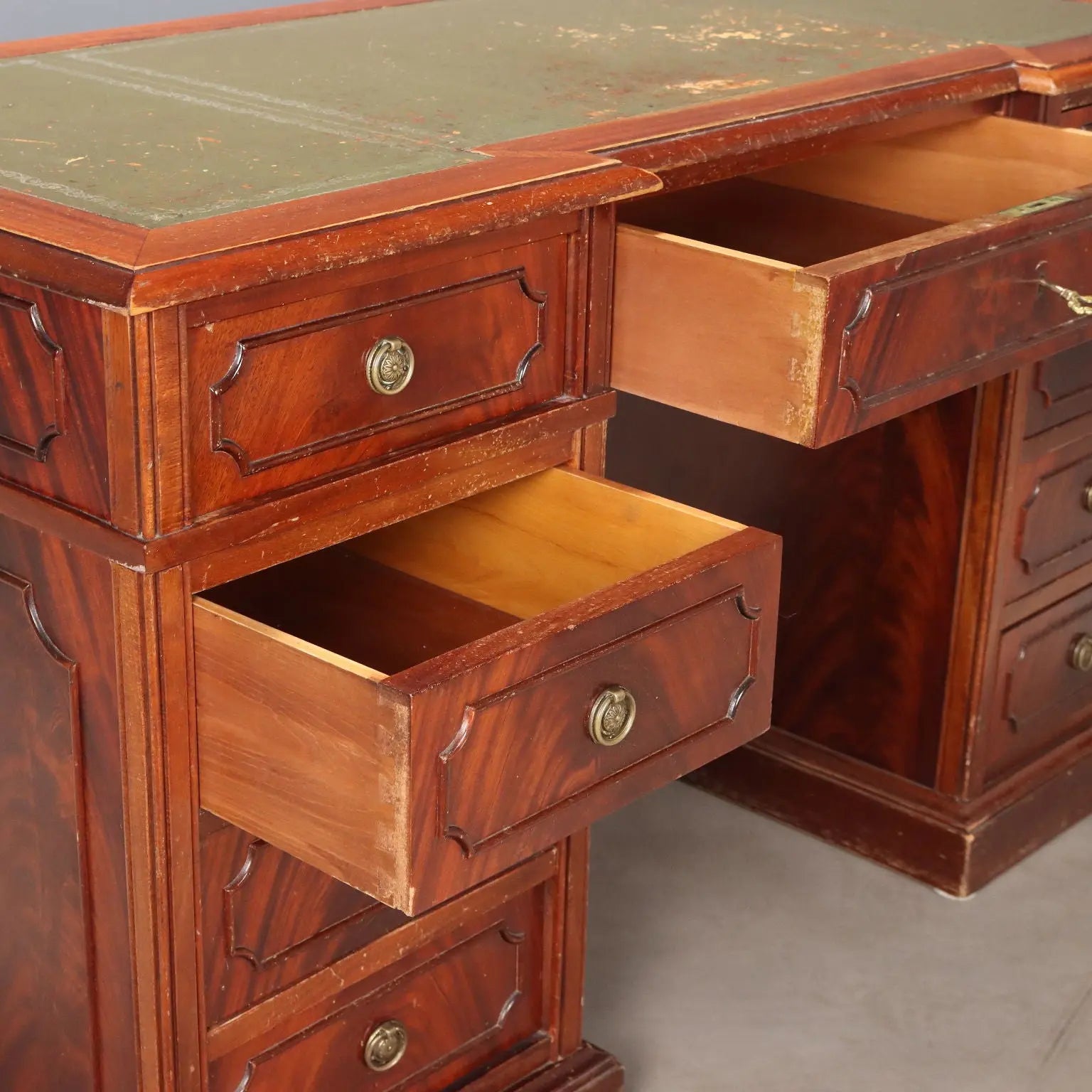 Antique Writing Desk Mahogany Leather Insert Bronze XX Century
