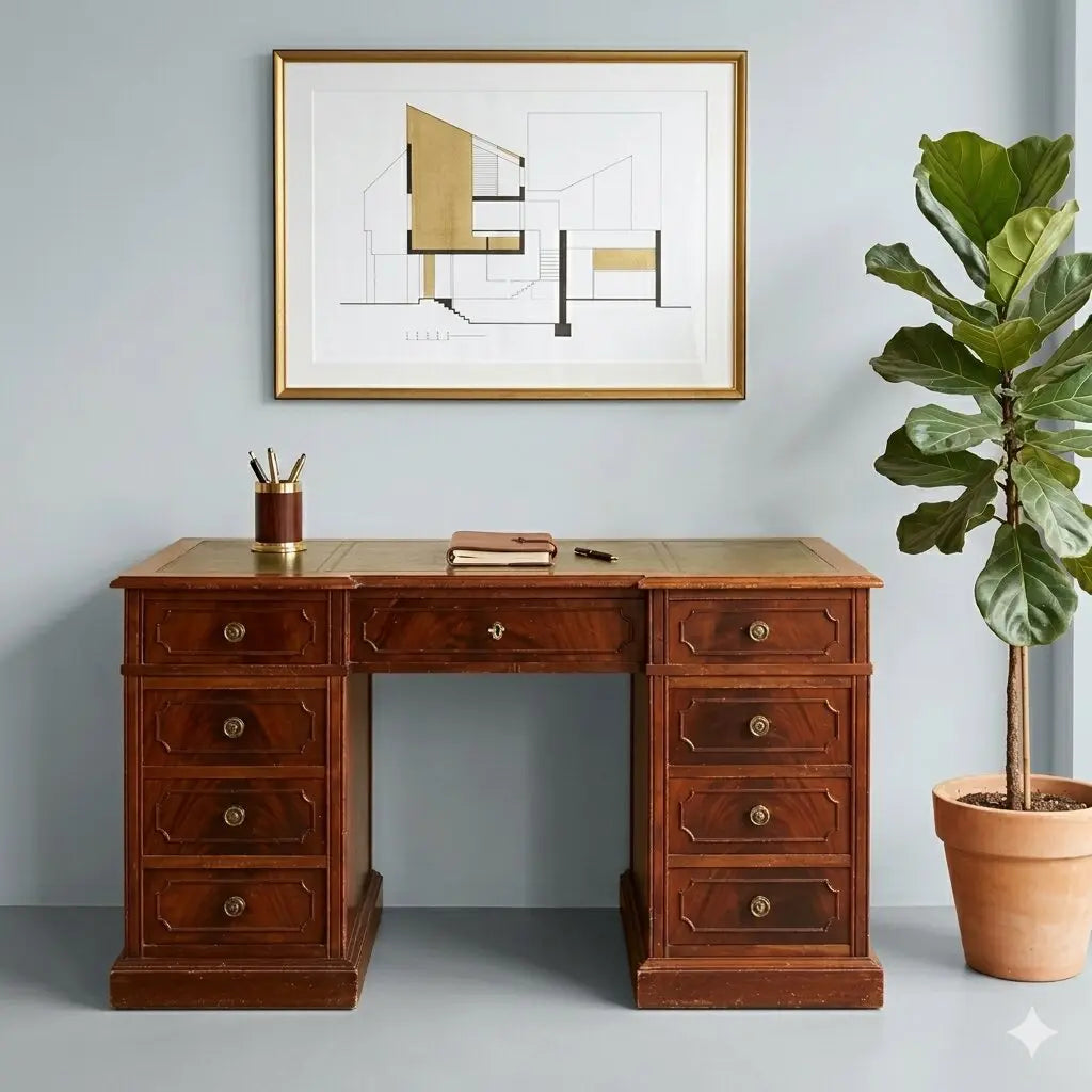 Antique Writing Desk Mahogany Leather Insert Bronze XX Century