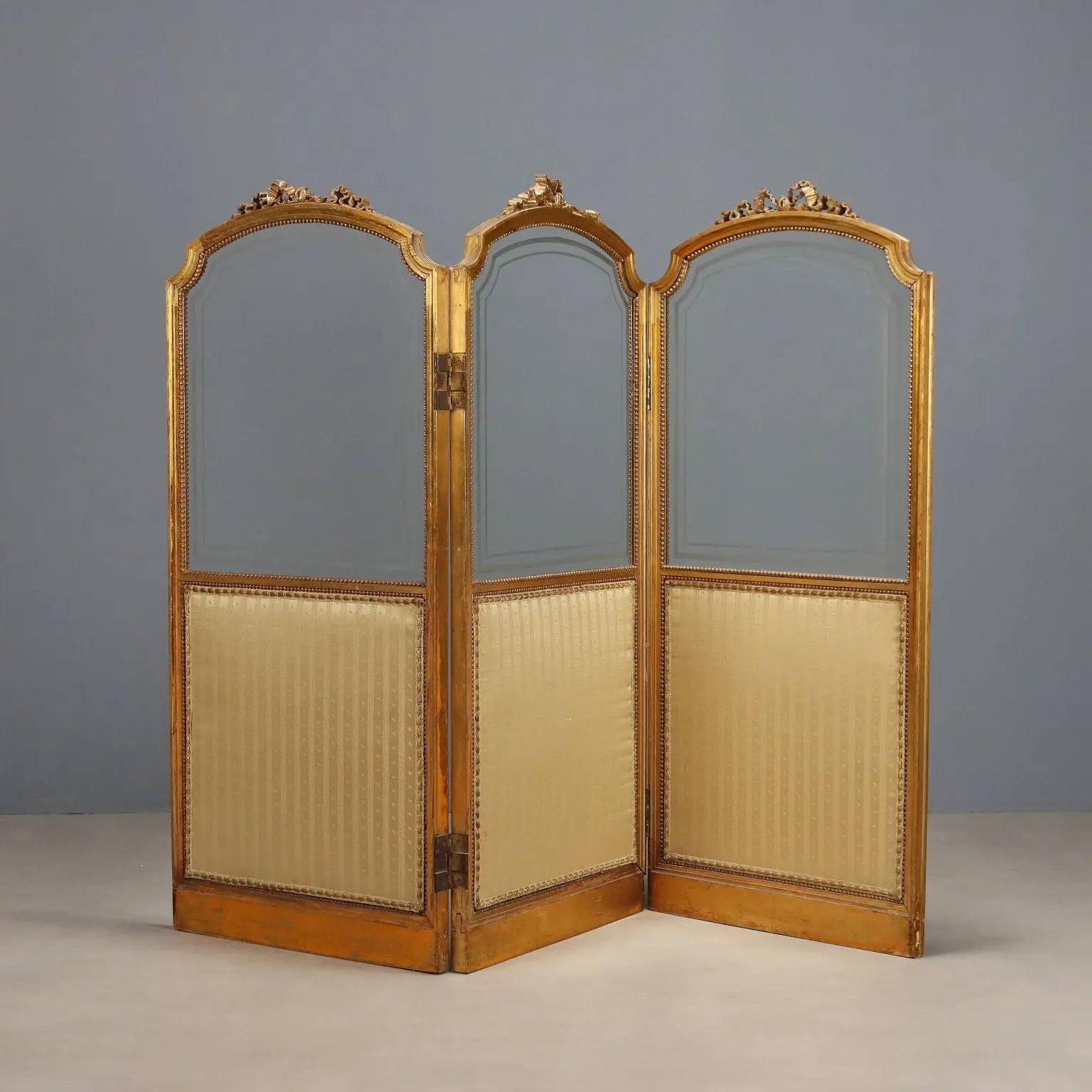 Antique Screen Gilded Wood Fabric Carvings Italy XIX Century