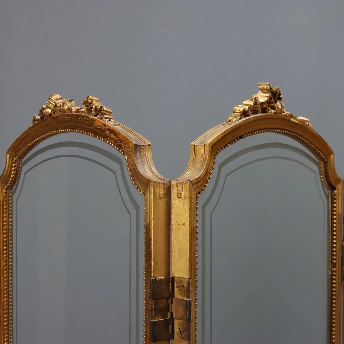 Antique Screen Gilded Wood Fabric Carvings Italy XIX Century
