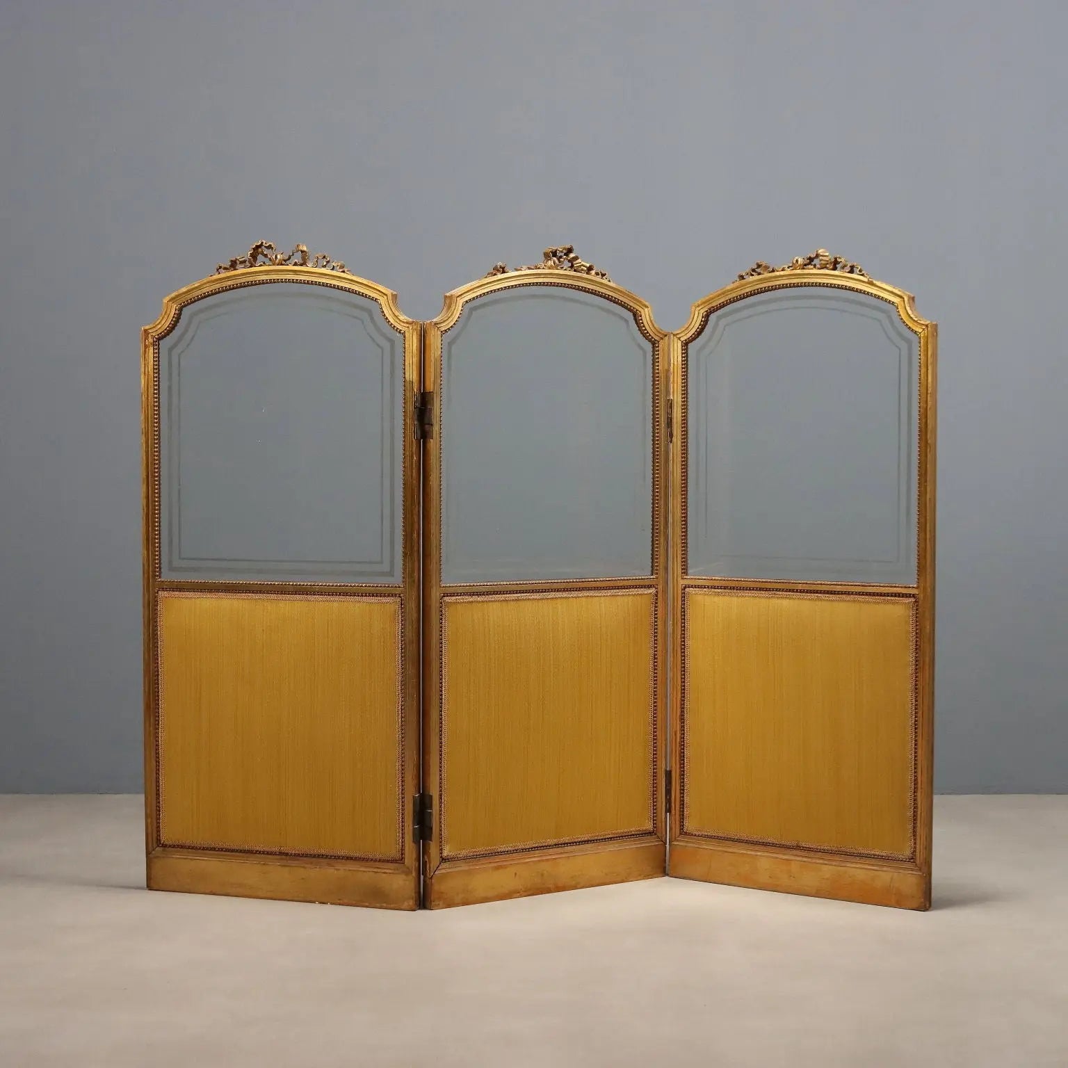 Antique Screen Gilded Wood Fabric Carvings Italy XIX Century