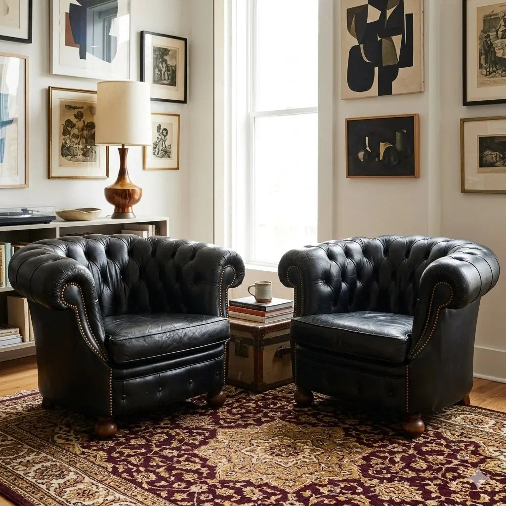 Antique Chesterfield Armchairs Capitonné Leather XX Century