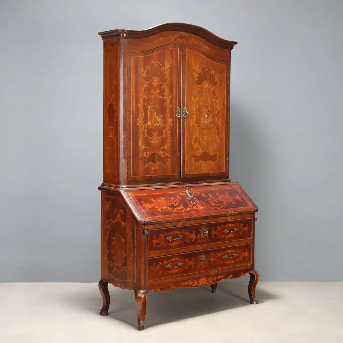 Antique Trumeau Walnut Maple Inlays Drawers XX Century