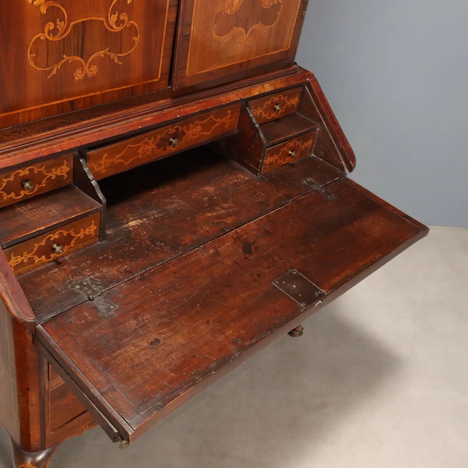 Antique Trumeau Walnut Maple Inlays Drawers XX Century