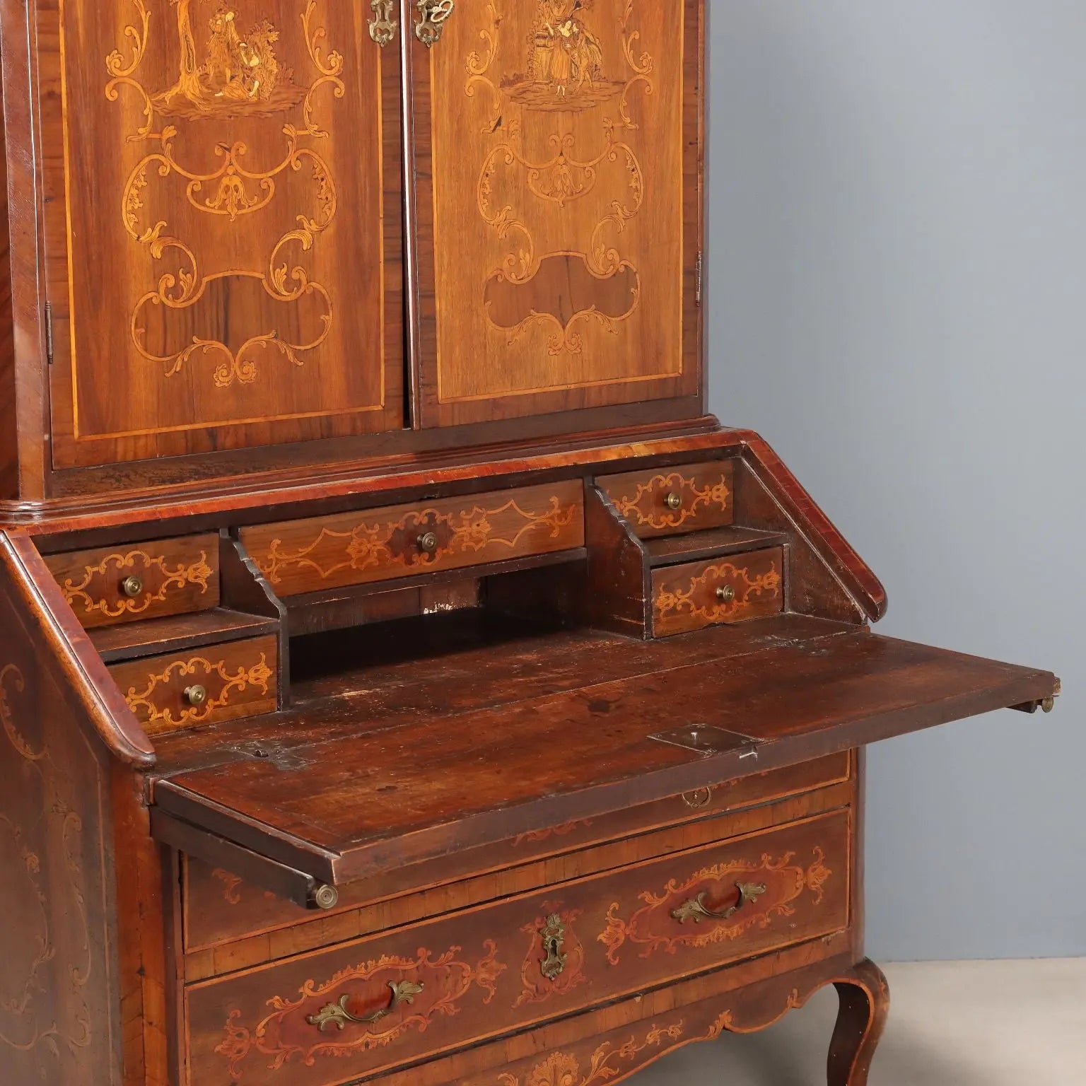 Antique Trumeau Walnut Maple Inlays Drawers XX Century