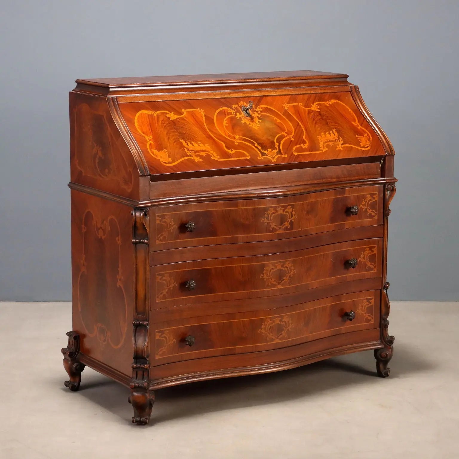 Antique Flap Cabinet Walnut Maple Inlays Italy XX Century