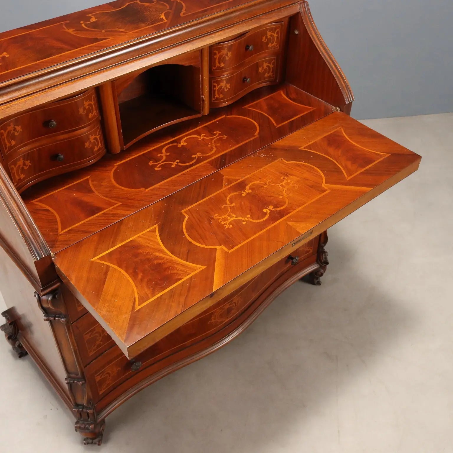 Antique Flap Cabinet Walnut Maple Inlays Italy XX Century