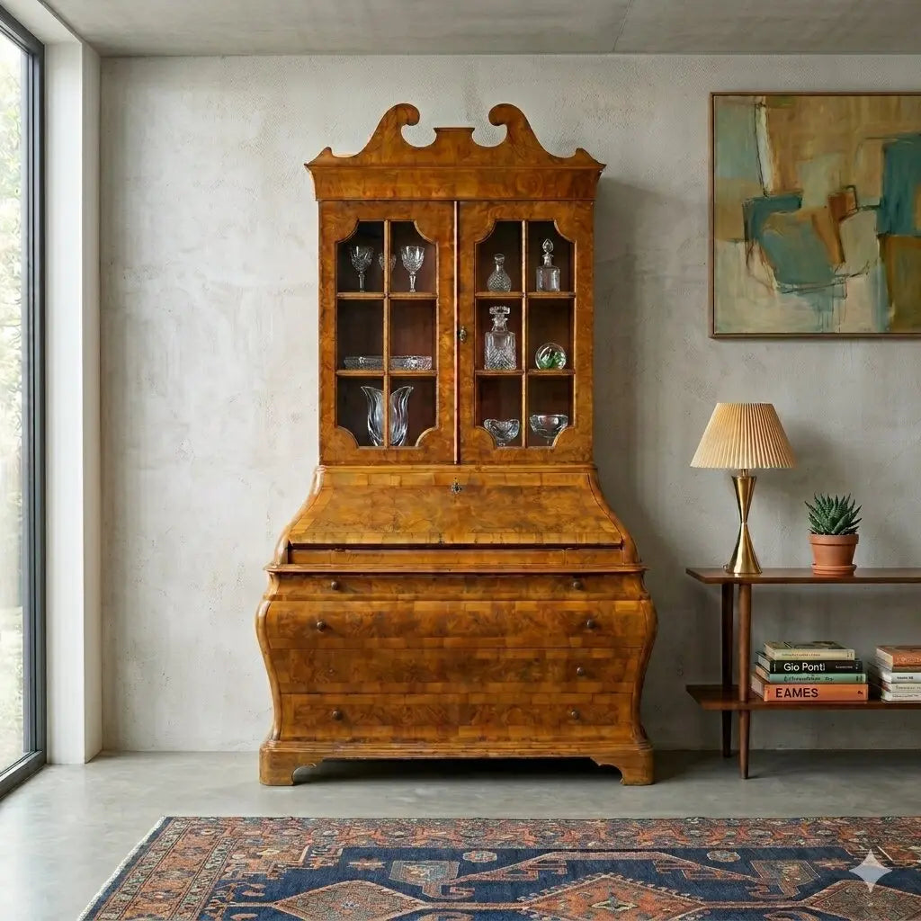 Antique Trumeau Walnut Walnut Burl Drawers Italy XX Century