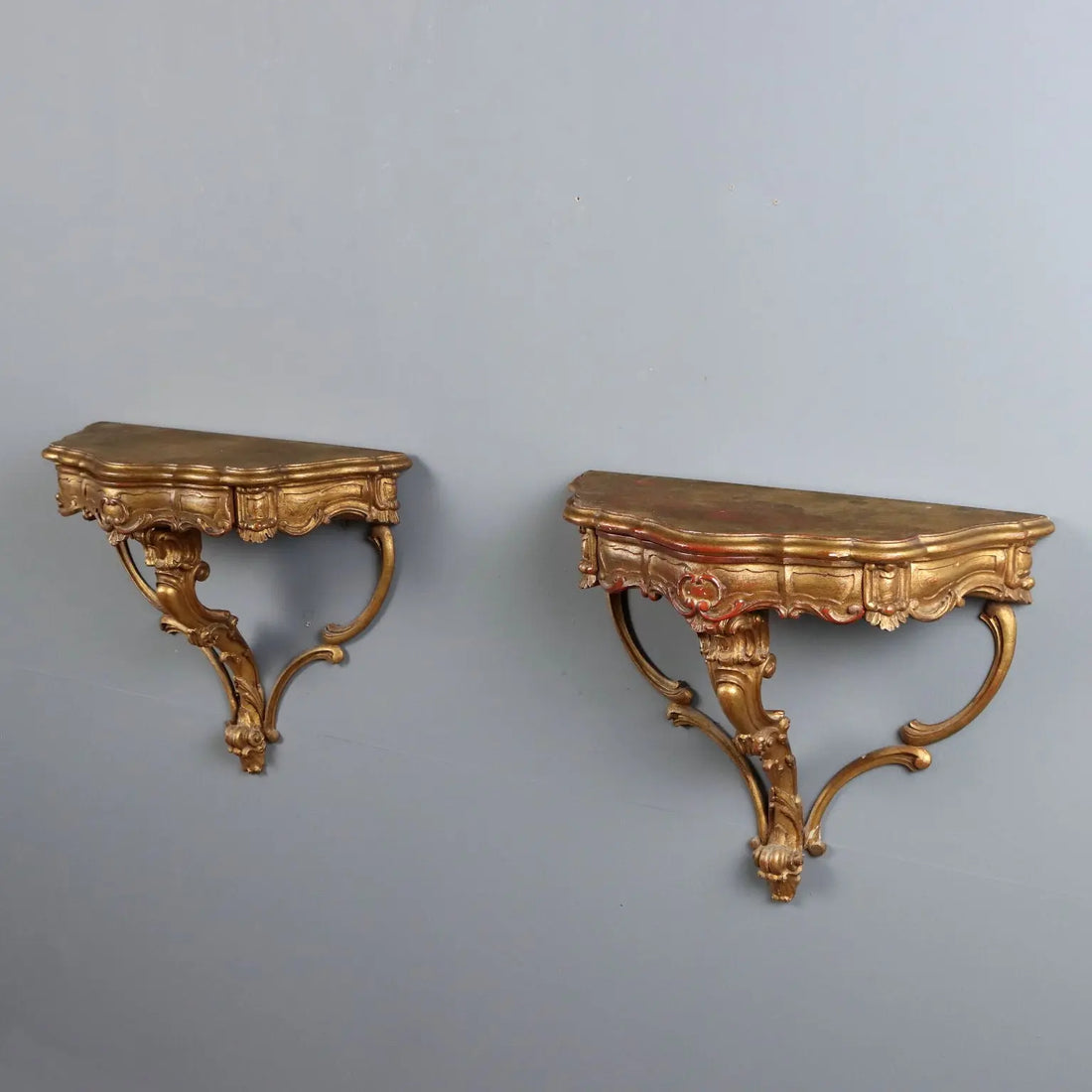 Pair of Drop-Shaped Gilded Wood Consoles - 20th Century
