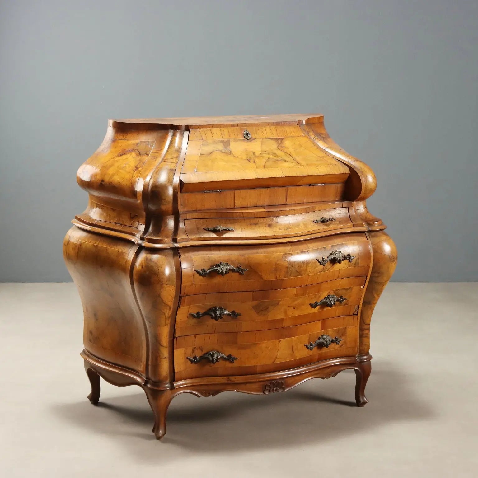 Antique Flap Cabinet Baroque Style Walnut Maple XX Century