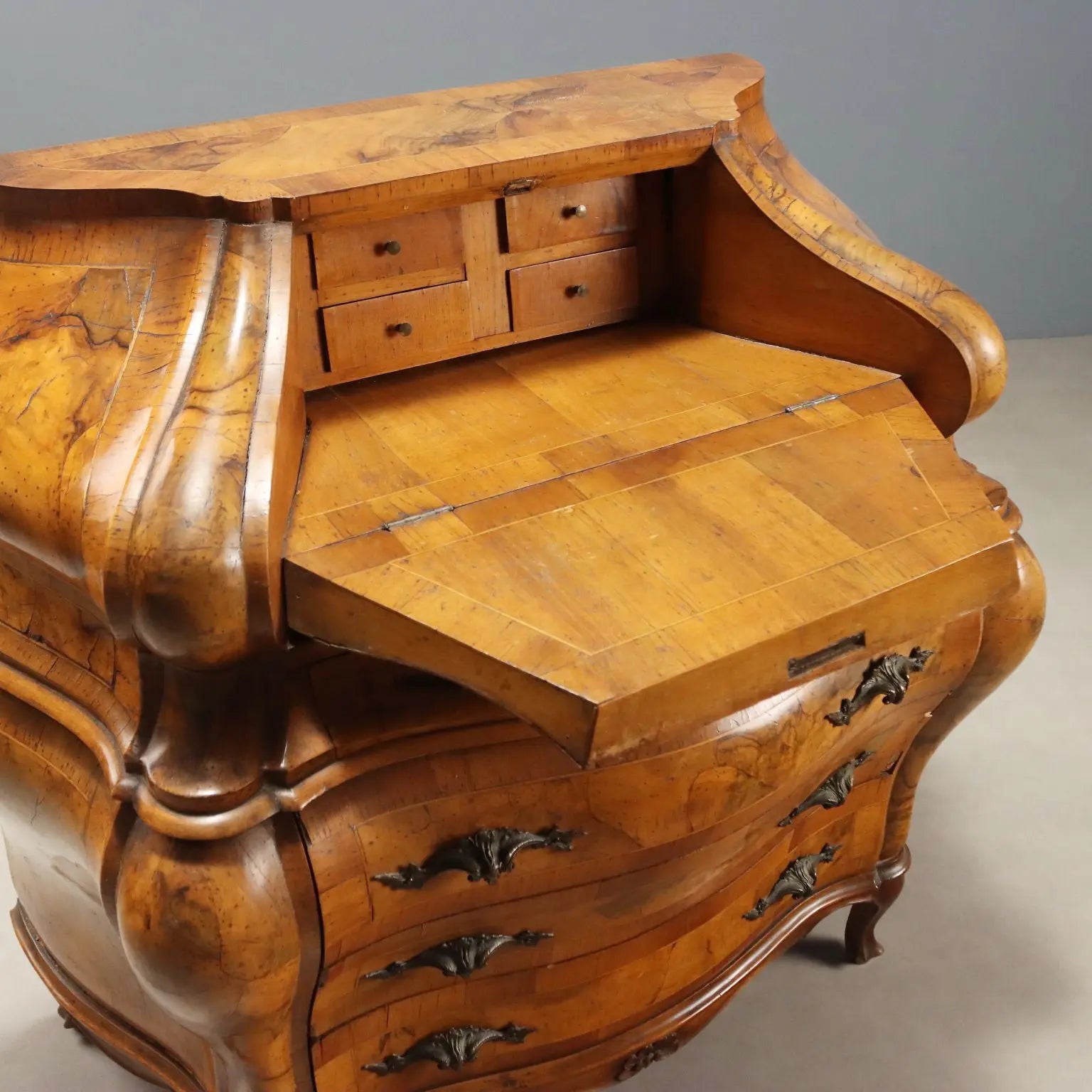 Antique Flap Cabinet Baroque Style Walnut Maple XX Century