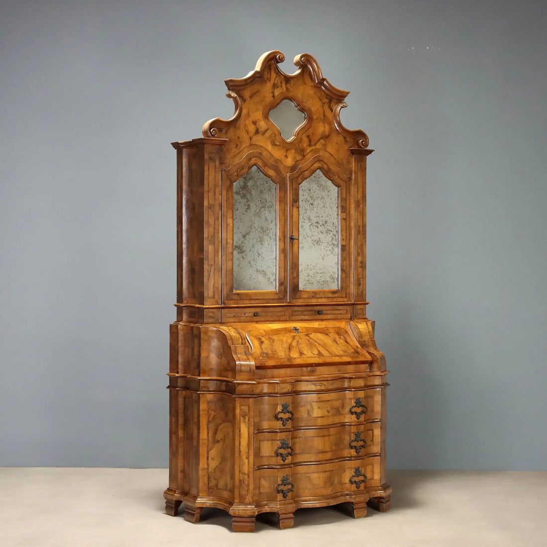 Antique Trumeau Walnut Burl Drawers Italy Early XX Century