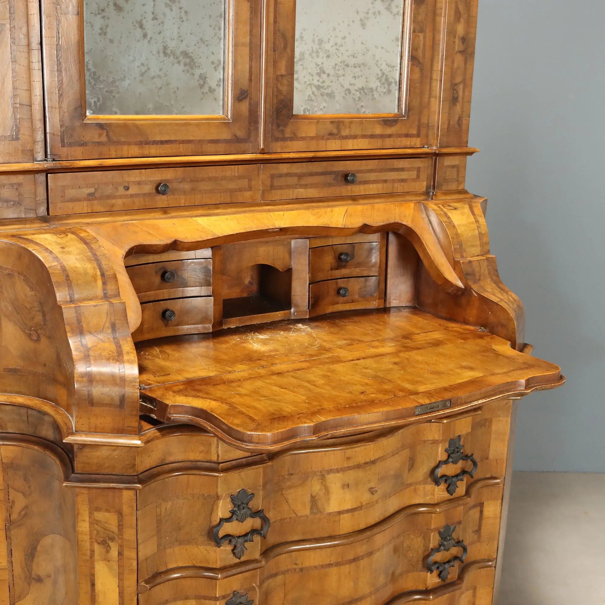 Antique Trumeau Walnut Burl Drawers Italy Early XX Century