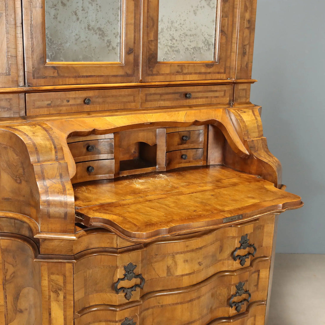 Antique Trumeau Walnut Burl Drawers Italy Early XX Century