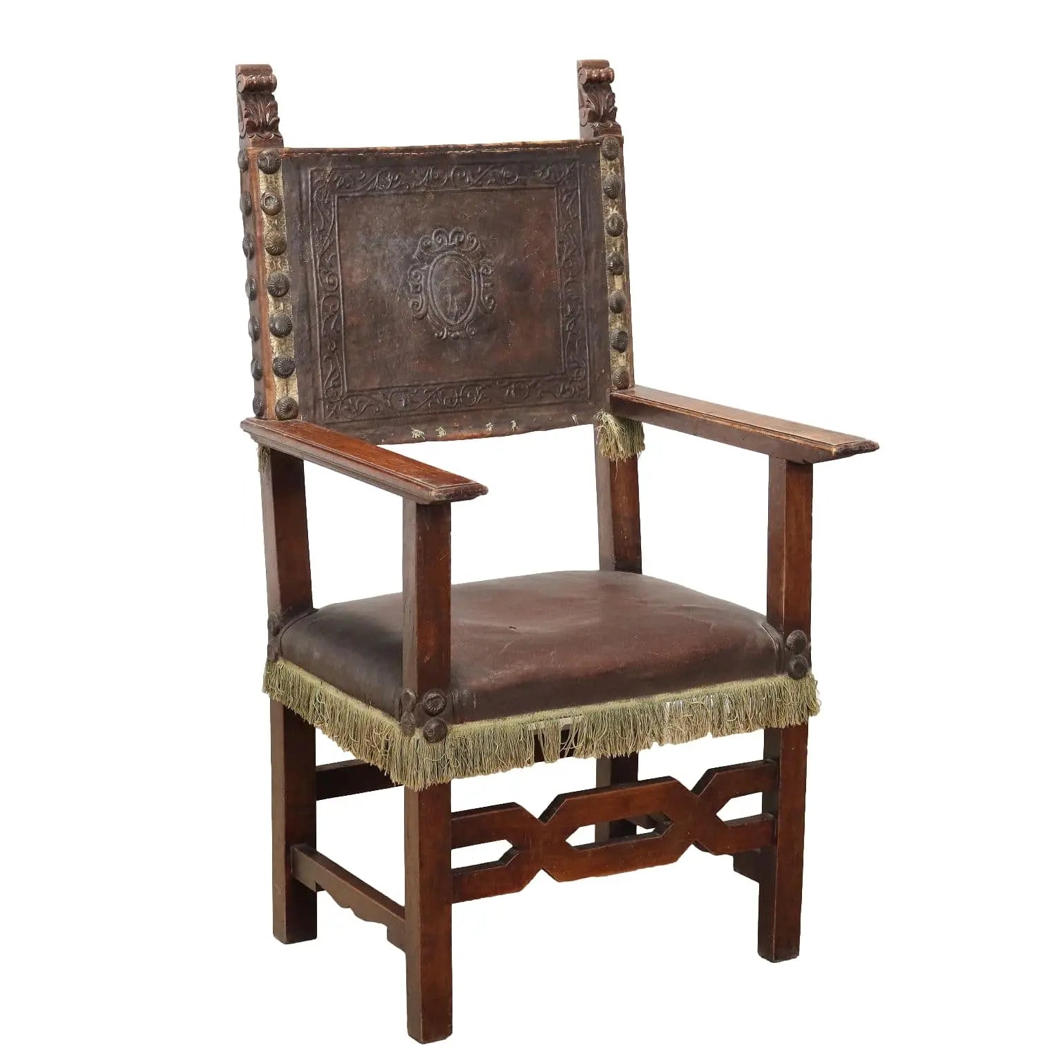 Neo-Renaissance Walnut and Leather Throne, 19th Century Italy