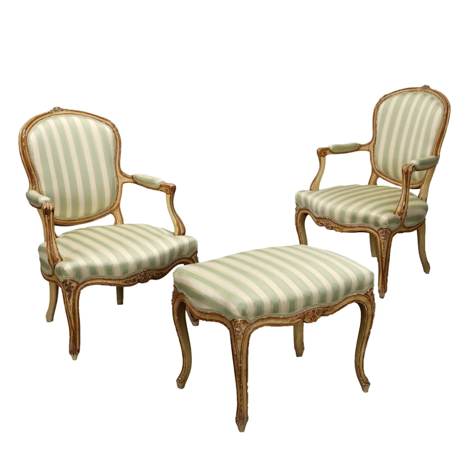Pair of Armchairs and Footstools in Rococo Style