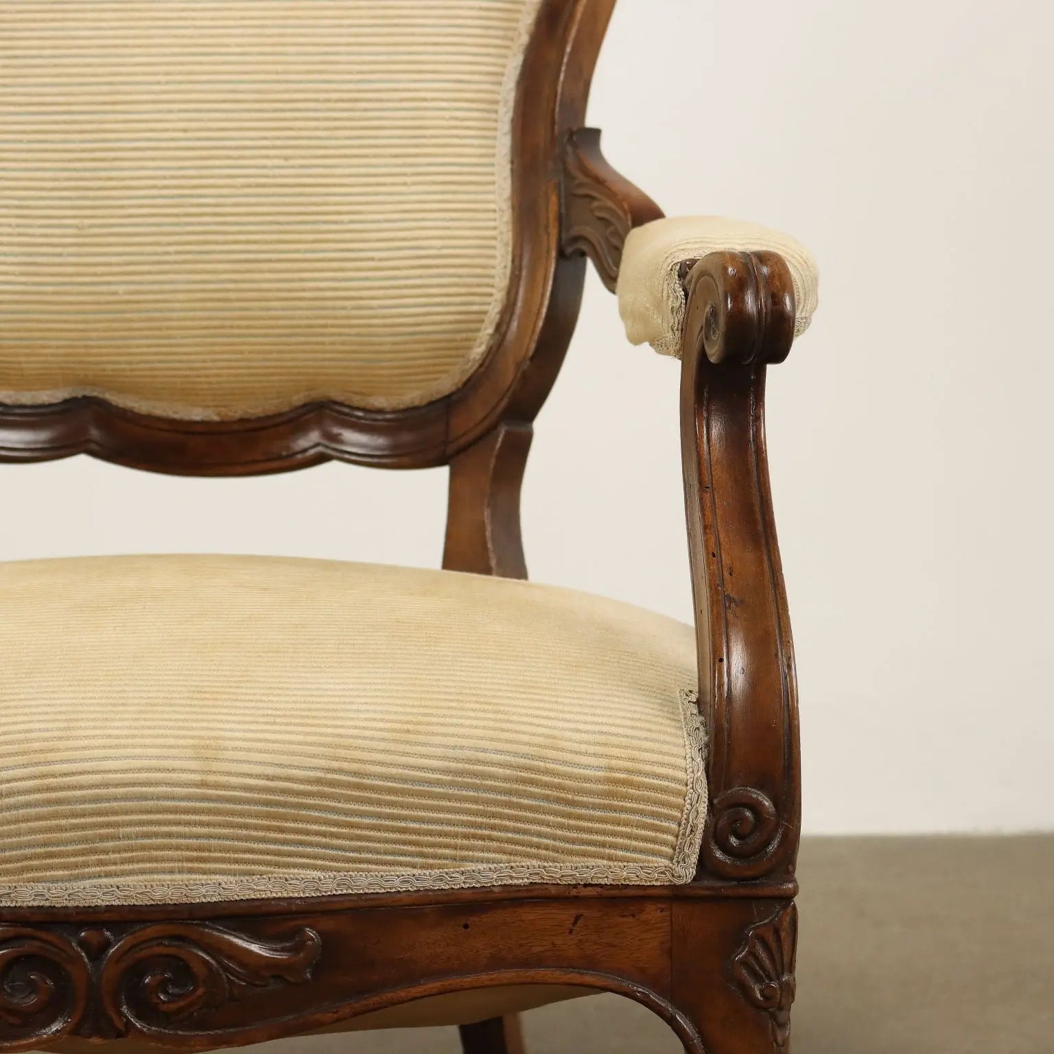 Antique Armchair Louis Philippe Walnut Carvings Italy XIX Century