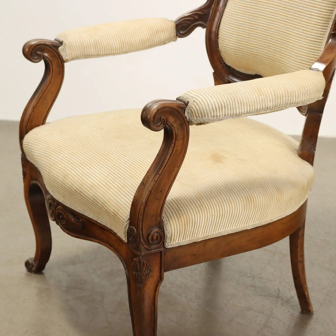 Antique Armchair Louis Philippe Walnut Carvings Italy XIX Century