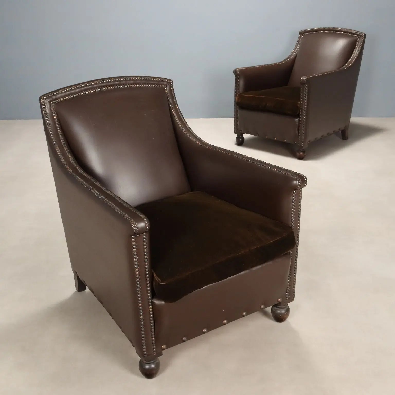 Antique Armchairs Leather Velvet Studs Italy XX Century - Italy, XX Century | Antiques | Seating