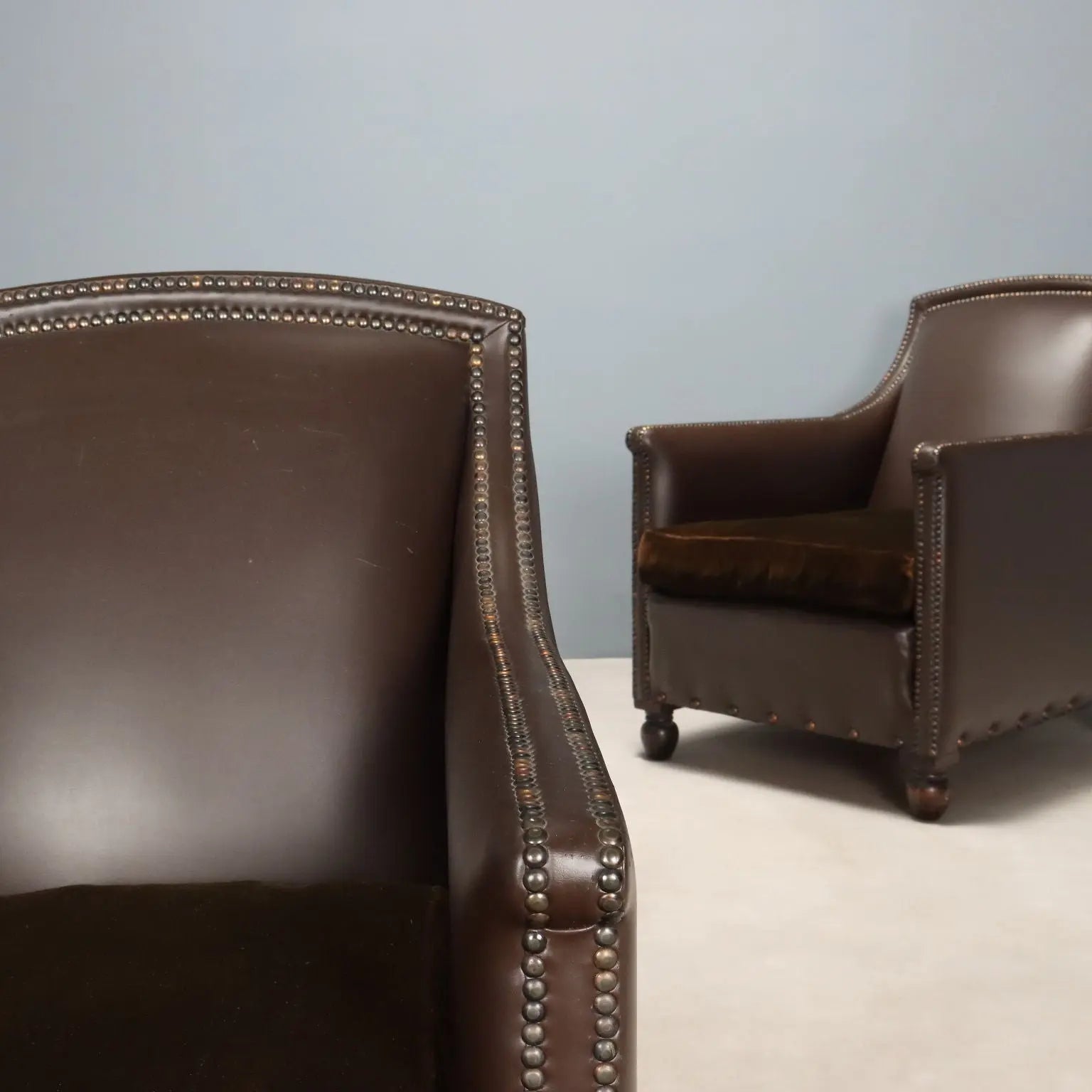 Antique Armchairs Leather Velvet Studs Italy XX Century - Italy, XX Century | Antiques | Seating