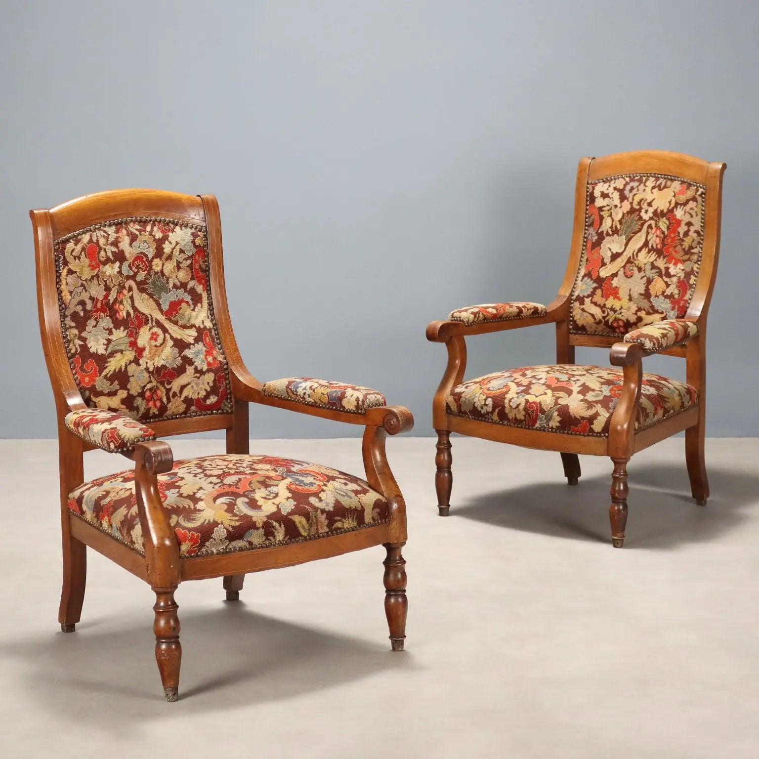 Antique Armchairs Walnut Maple Fabric Italy Late XIX Century - Italy, Late XIX Century | Antiques | Seating