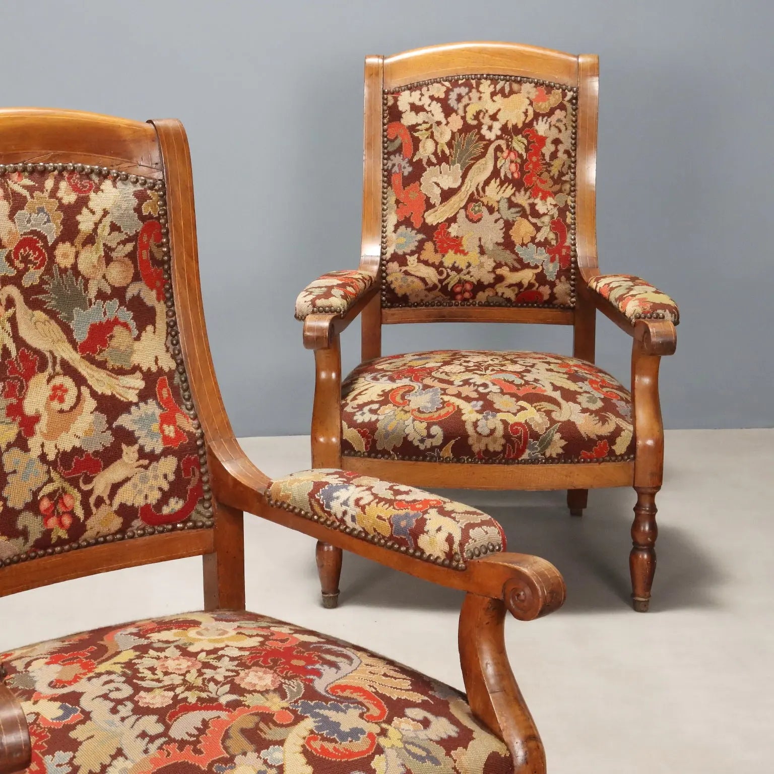 Antique Armchairs Walnut Maple Fabric Italy Late XIX Century - Italy, Late XIX Century | Antiques | Seating