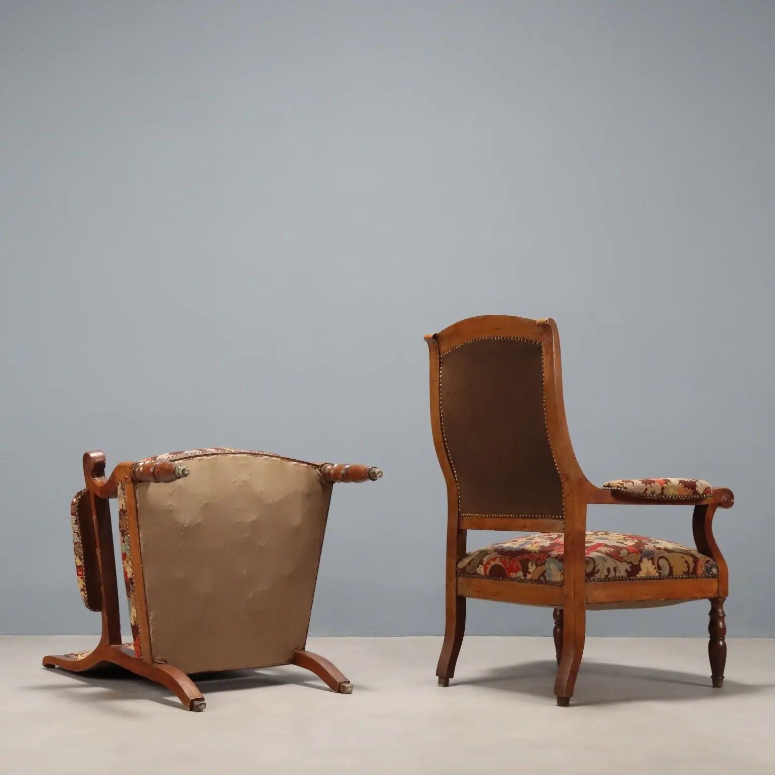 Antique Armchairs Walnut Maple Fabric Italy Late XIX Century - Italy, Late XIX Century | Antiques | Seating