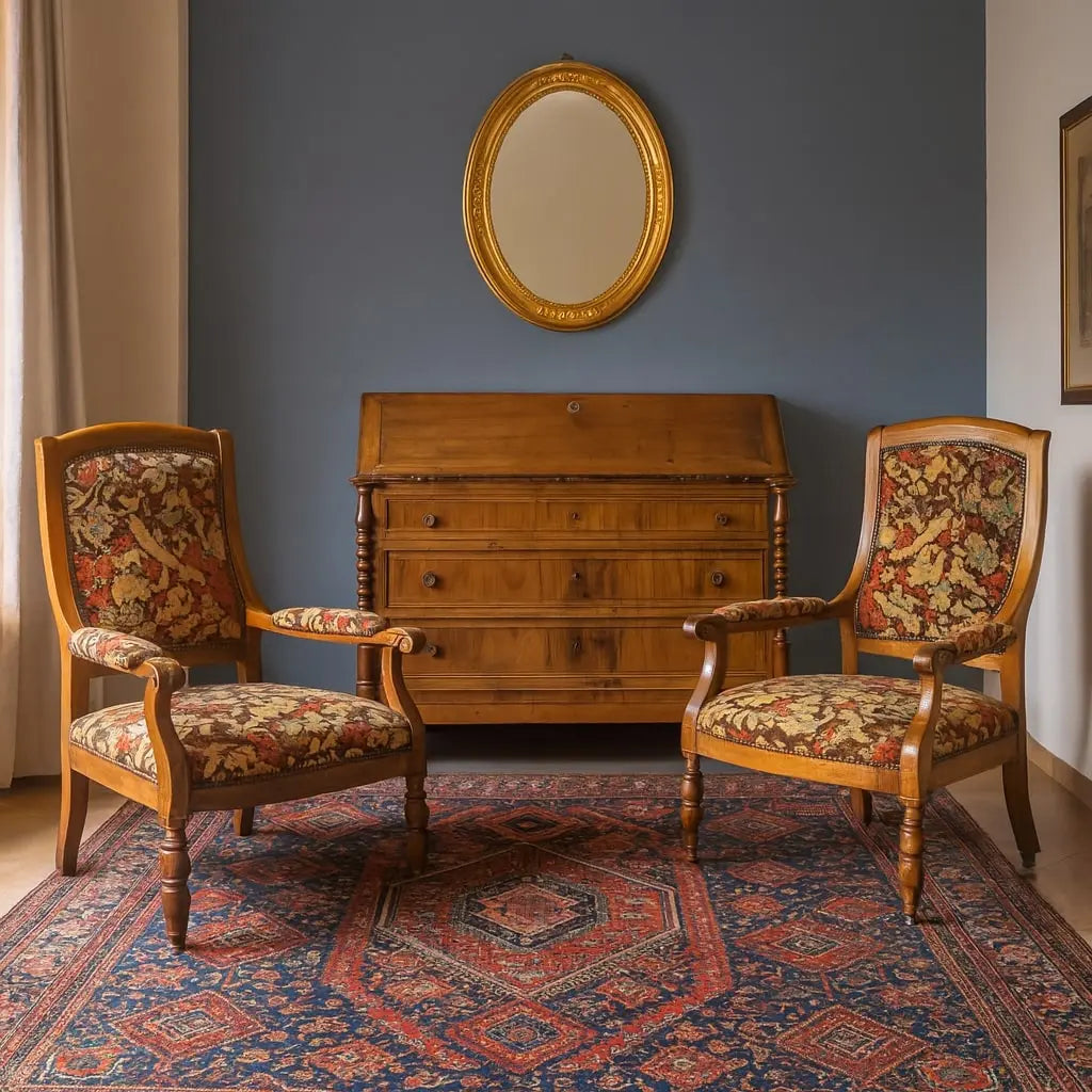 Antique Armchairs Walnut Maple Fabric Italy Late XIX Century - Italy, Late XIX Century | Antiques | Seating
