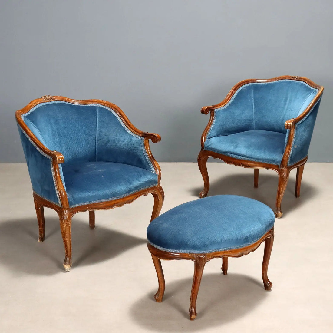 Pair of Barocchetto Armchairs with Ottoman - 19th Century