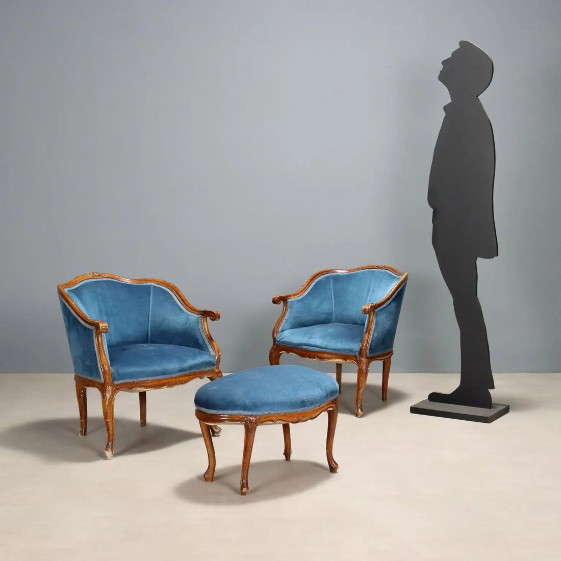 Pair of Barocchetto Armchairs with Ottoman - 19th Century