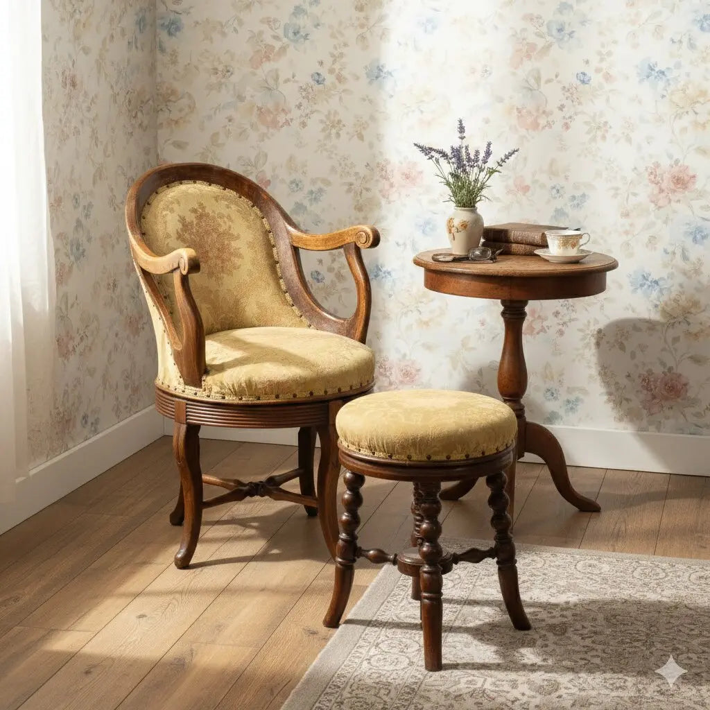 Antique Armchair with Pouf Walnut Fabric Italy XIX Century - Italy, XIX Century | Antiques | Seating