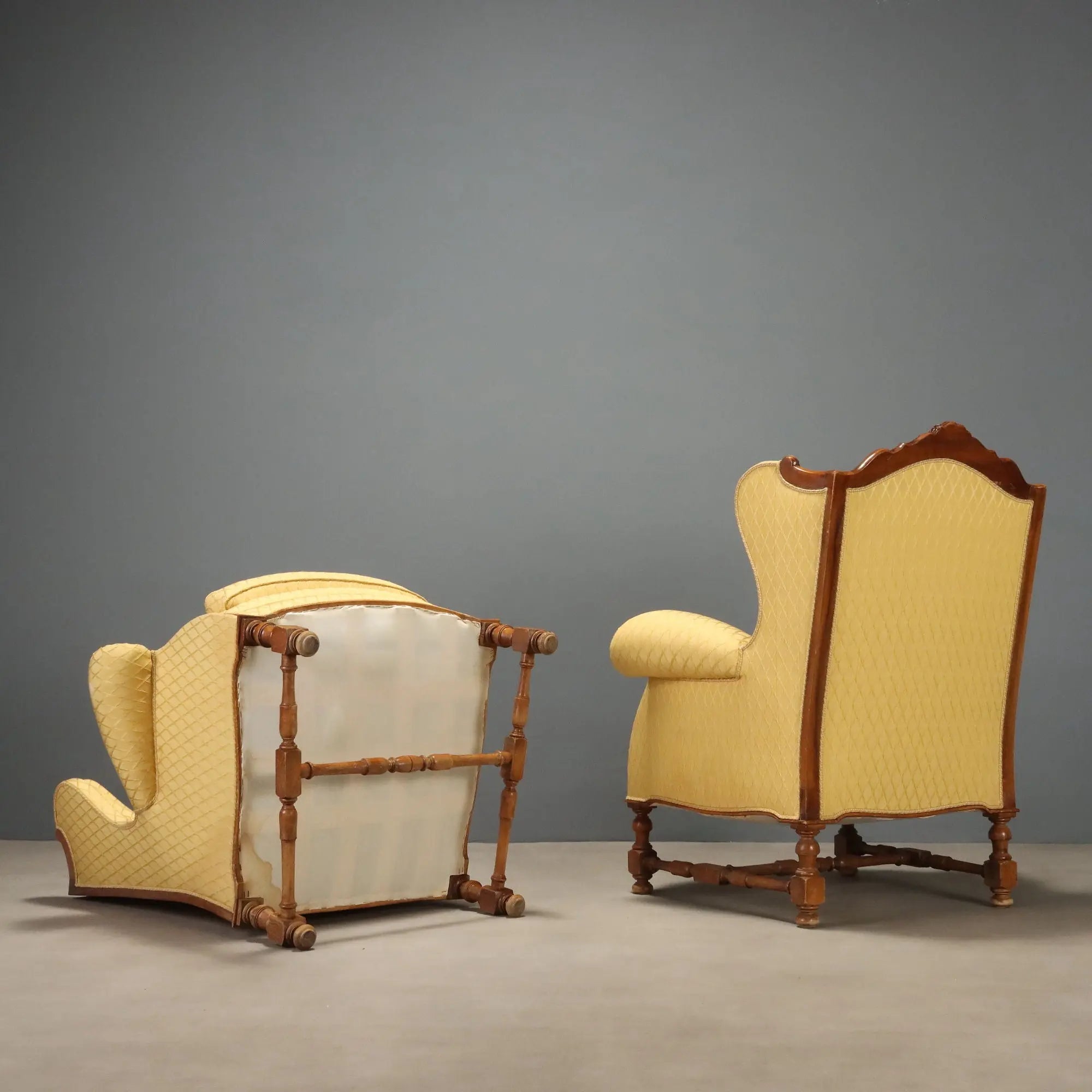 Antique Armchairs Carved Walnut Fabric Italy XX Century