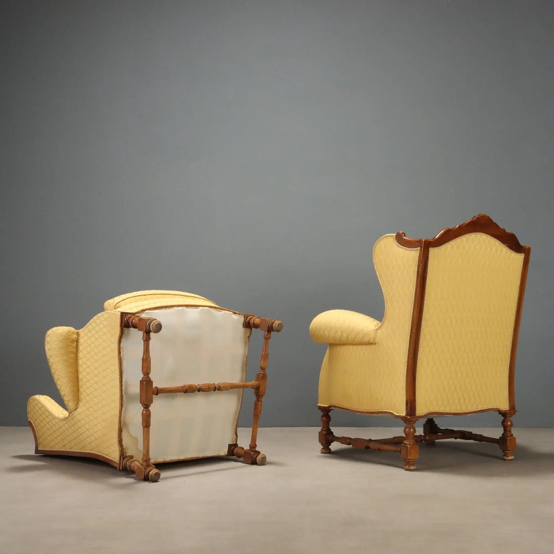 Antique Armchairs Carved Walnut Fabric Italy XX Century