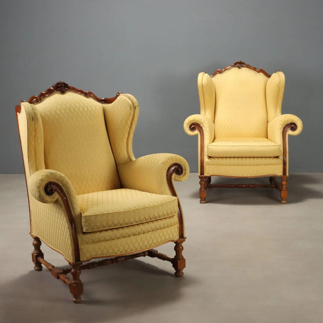 Antique Armchairs Carved Walnut Fabric Italy XX Century