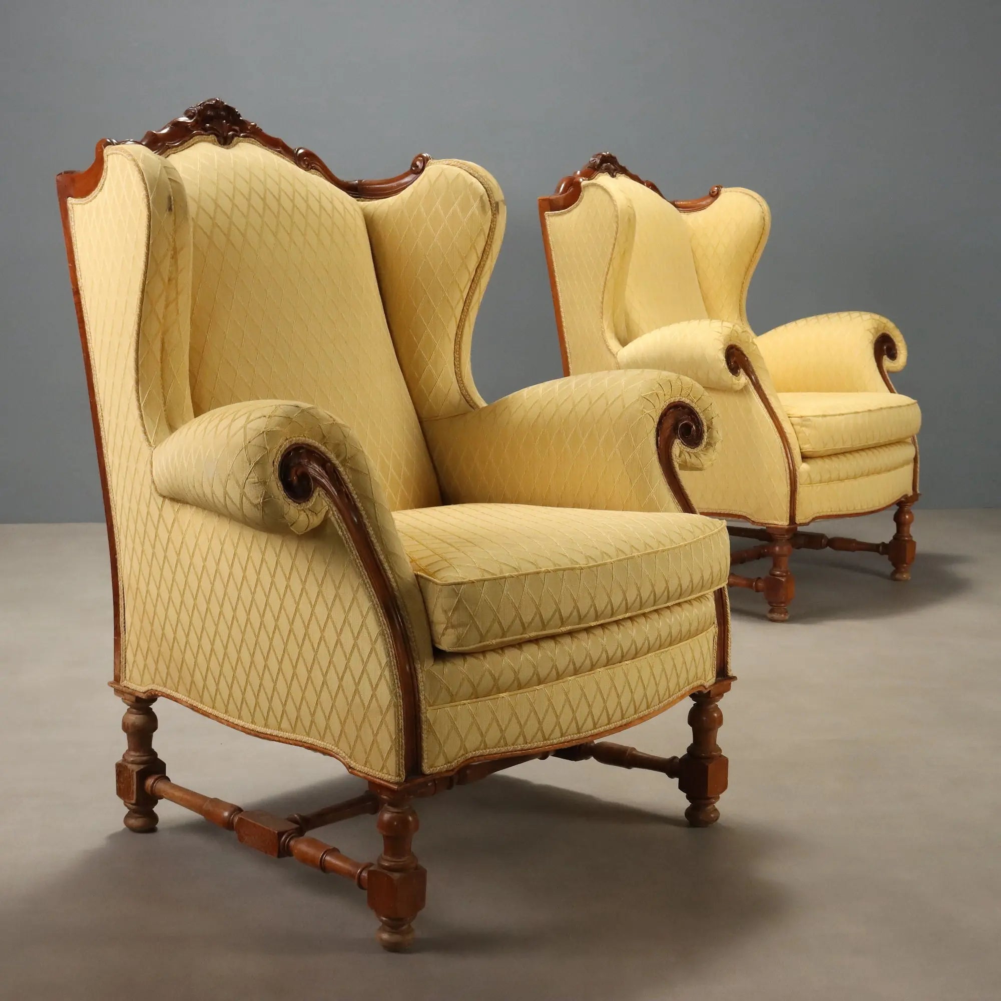 Antique Armchairs Carved Walnut Fabric Italy XX Century
