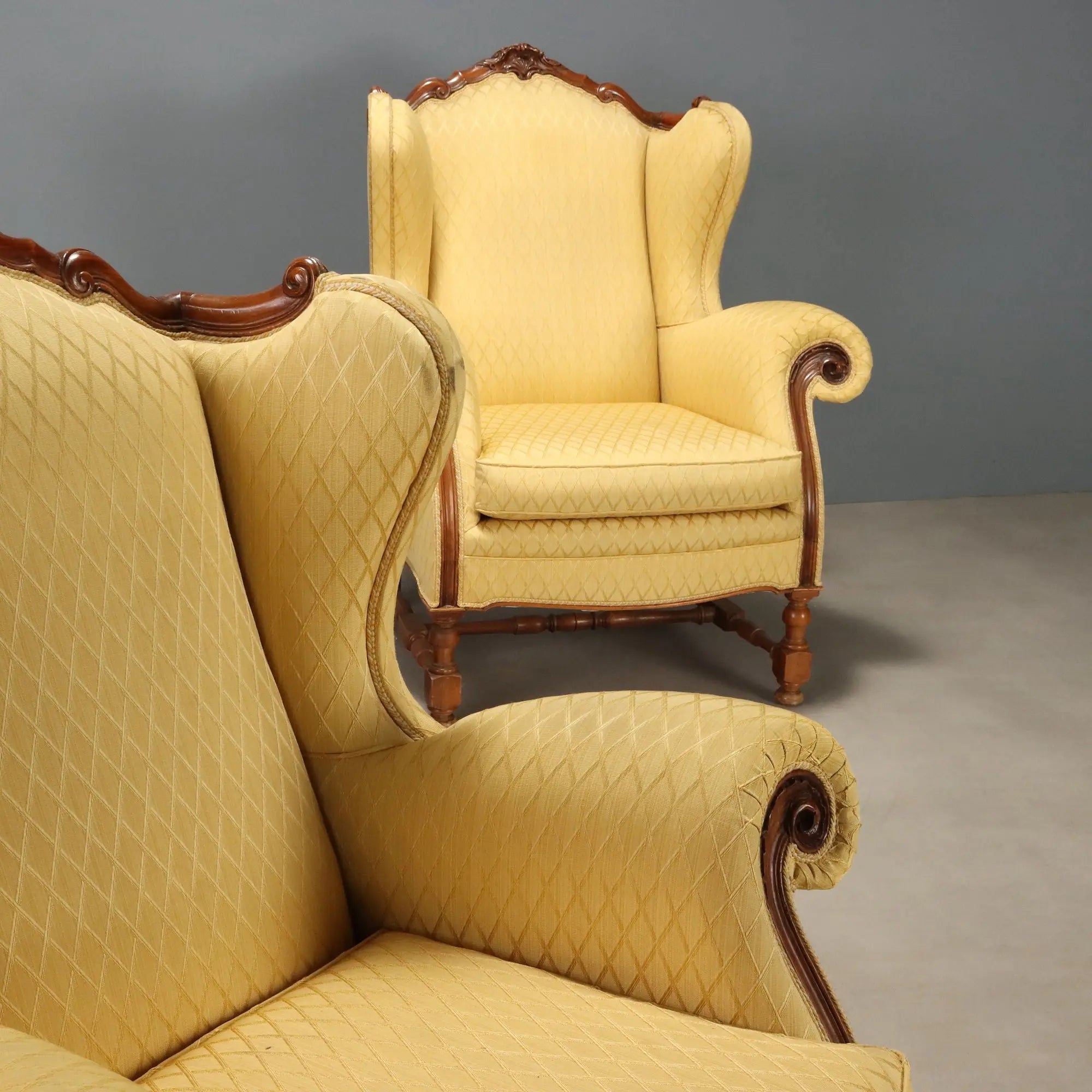 Antique Armchairs Carved Walnut Fabric Italy XX Century