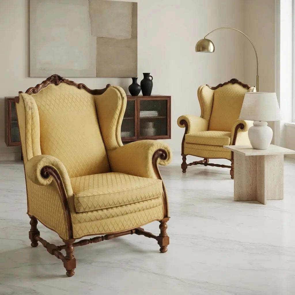 Antique Armchairs Carved Walnut Fabric Italy XX Century