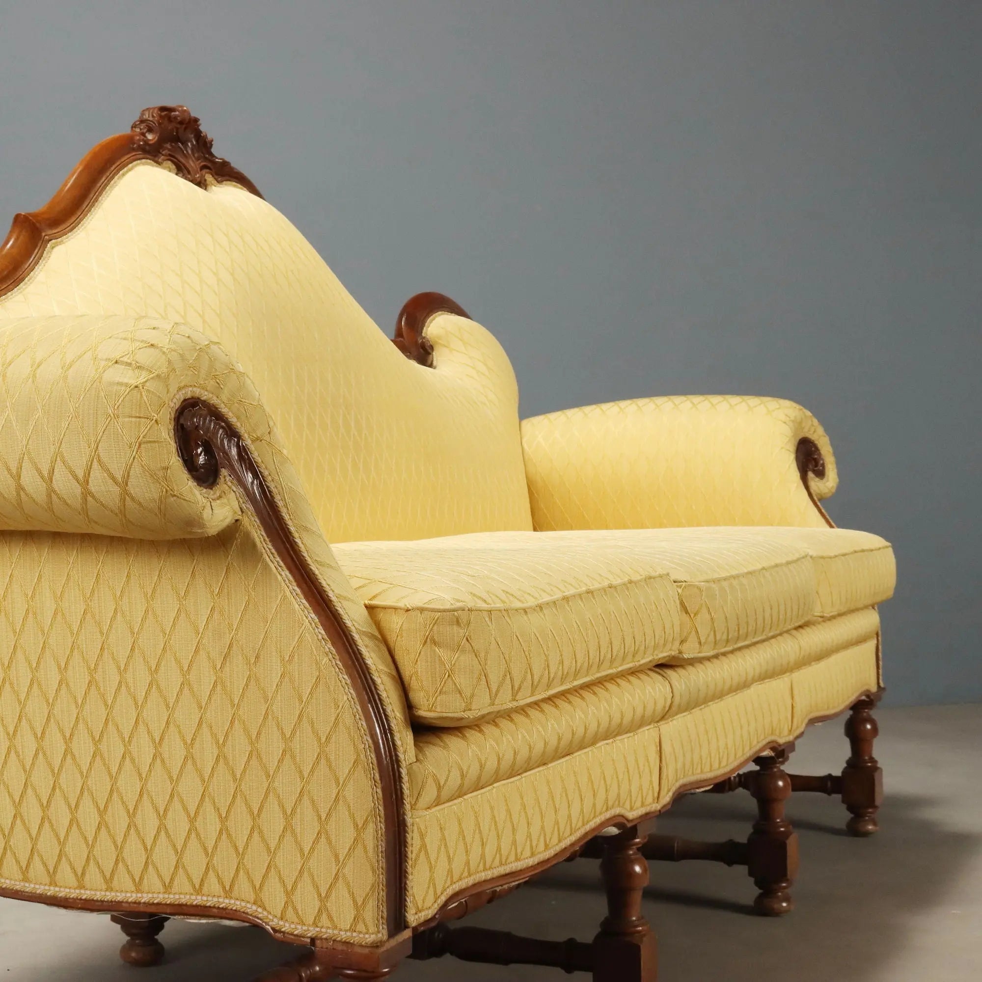 Antique Sofa Walnut Carvings Fabric Italy XX Century