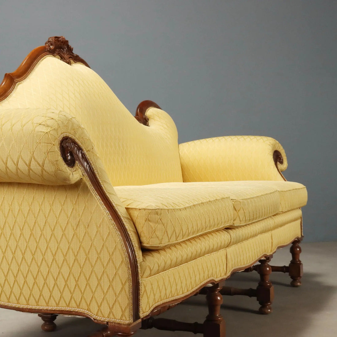 Antique Sofa Walnut Carvings Fabric Italy XX Century