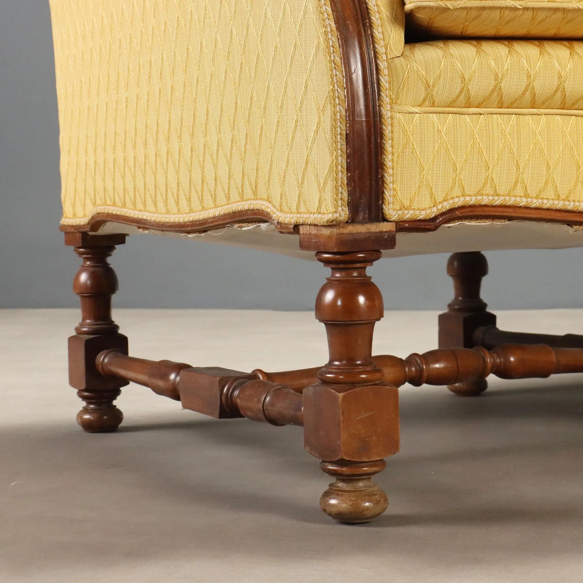 Antique Sofa Walnut Carvings Fabric Italy XX Century