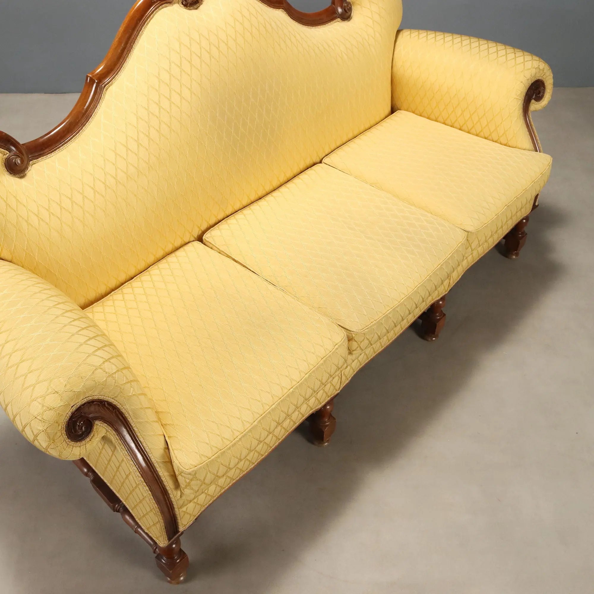 Antique Sofa Walnut Carvings Fabric Italy XX Century