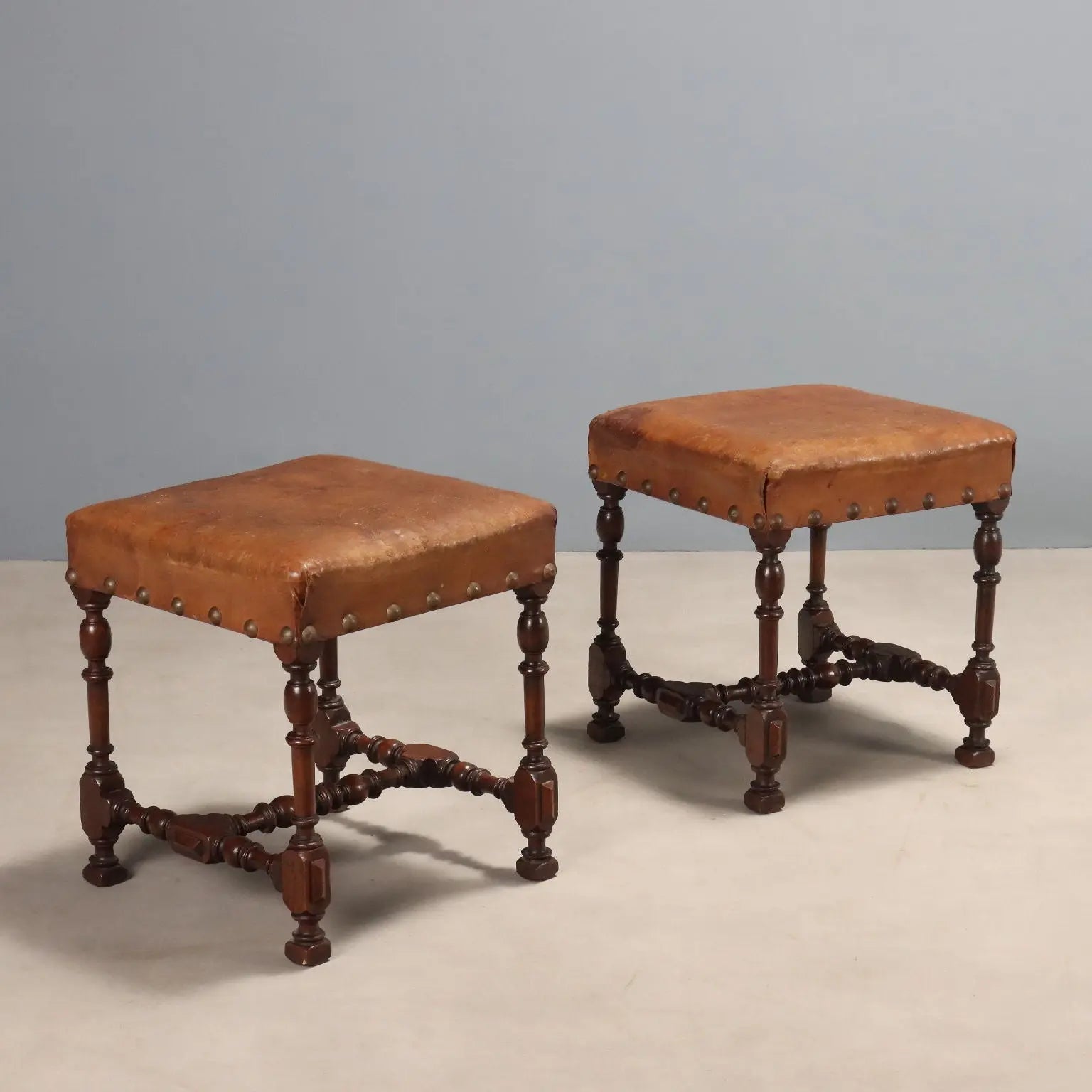 Antique Stools Neo-Baroque Walnut Leather Italy XIX Century - Italy, XIX Century | Antiques | Seating