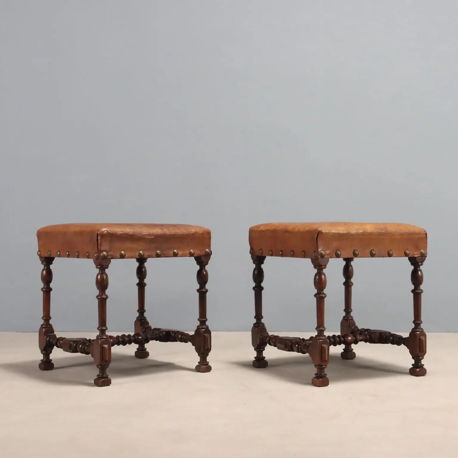 Antique Stools Neo-Baroque Walnut Leather Italy XIX Century - Italy, XIX Century | Antiques | Seating