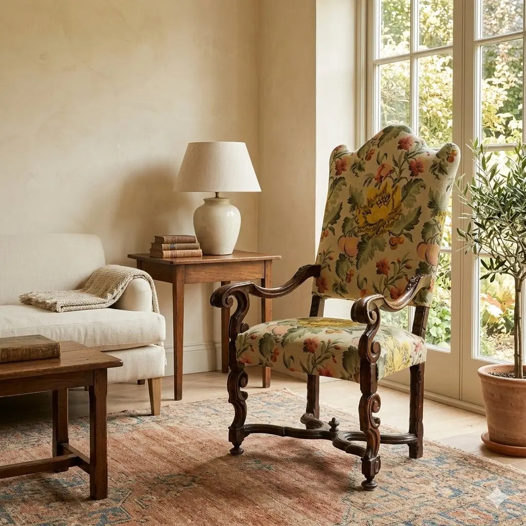 Antique Baroque Armchair Walnut Fabric Italy XVIII Century - Italy, Early XVIII Century | Antiques | Seating
