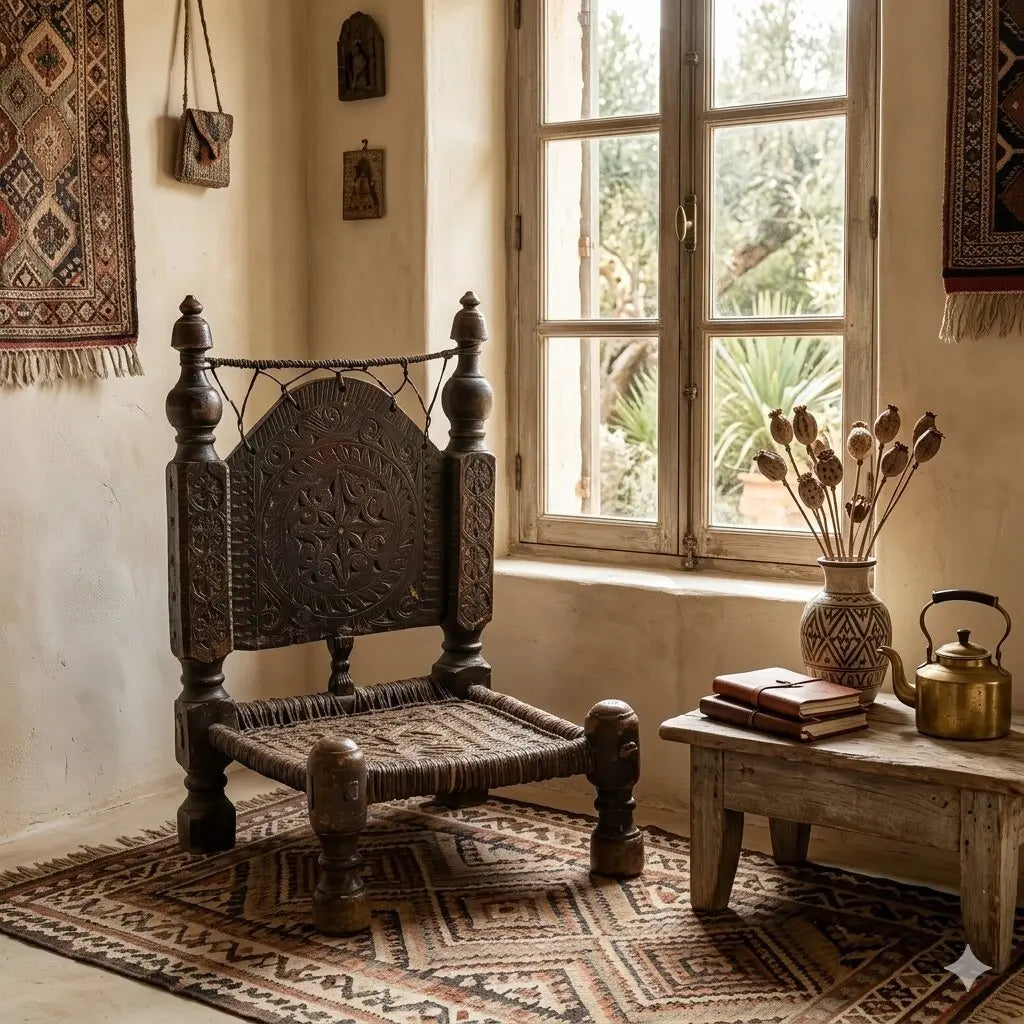 Antique Ethnic Chair Exotic Wood Leather Pakistan '800 - Pakistan, XIX Century | Antiques | Seating