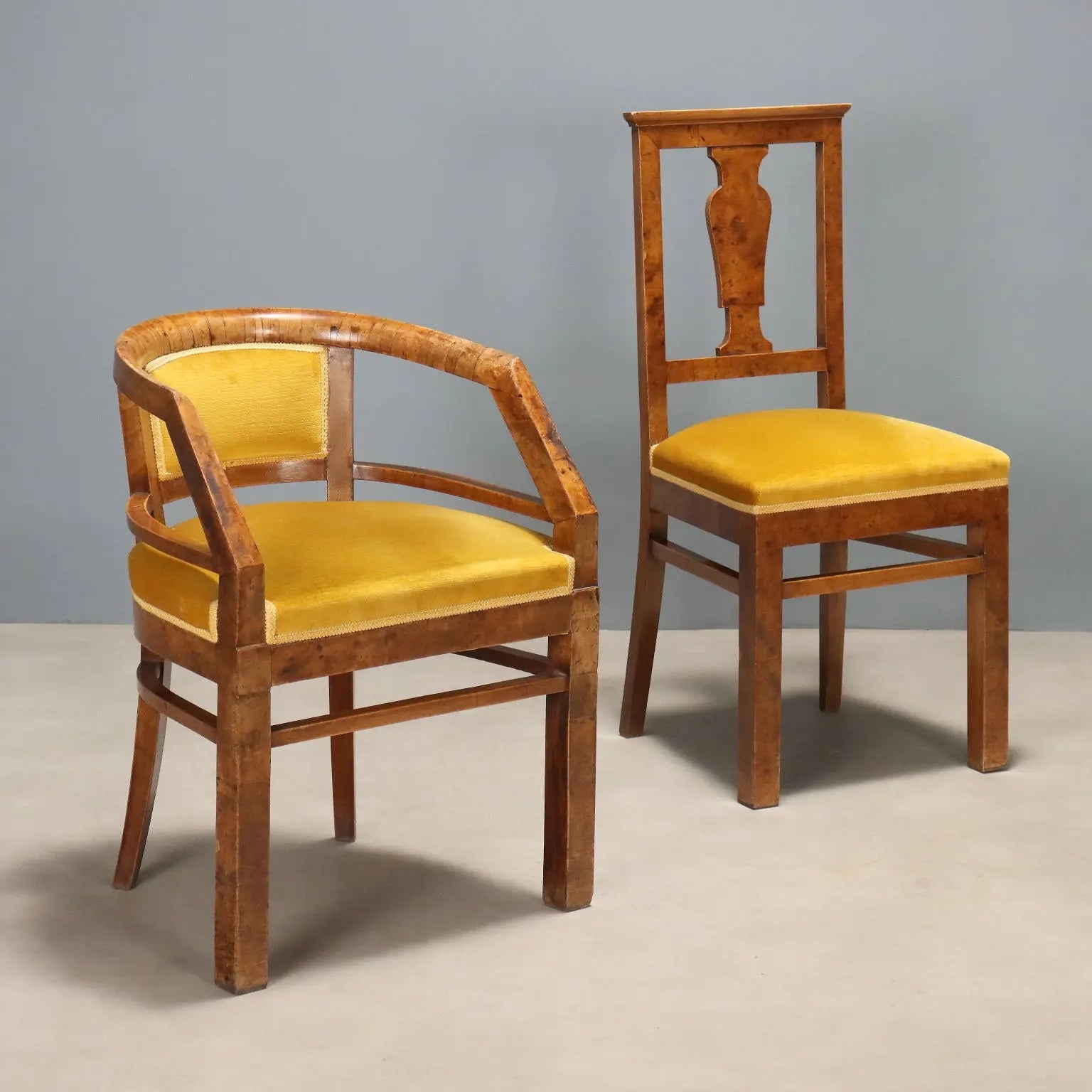 Antique Art Deco Chairs Walnut Burl Veneer Italy XX Century