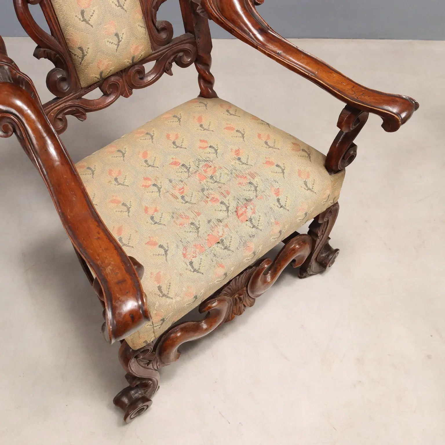 Antique Baroque Armchairs Walnut Fabric Italy XVII Century