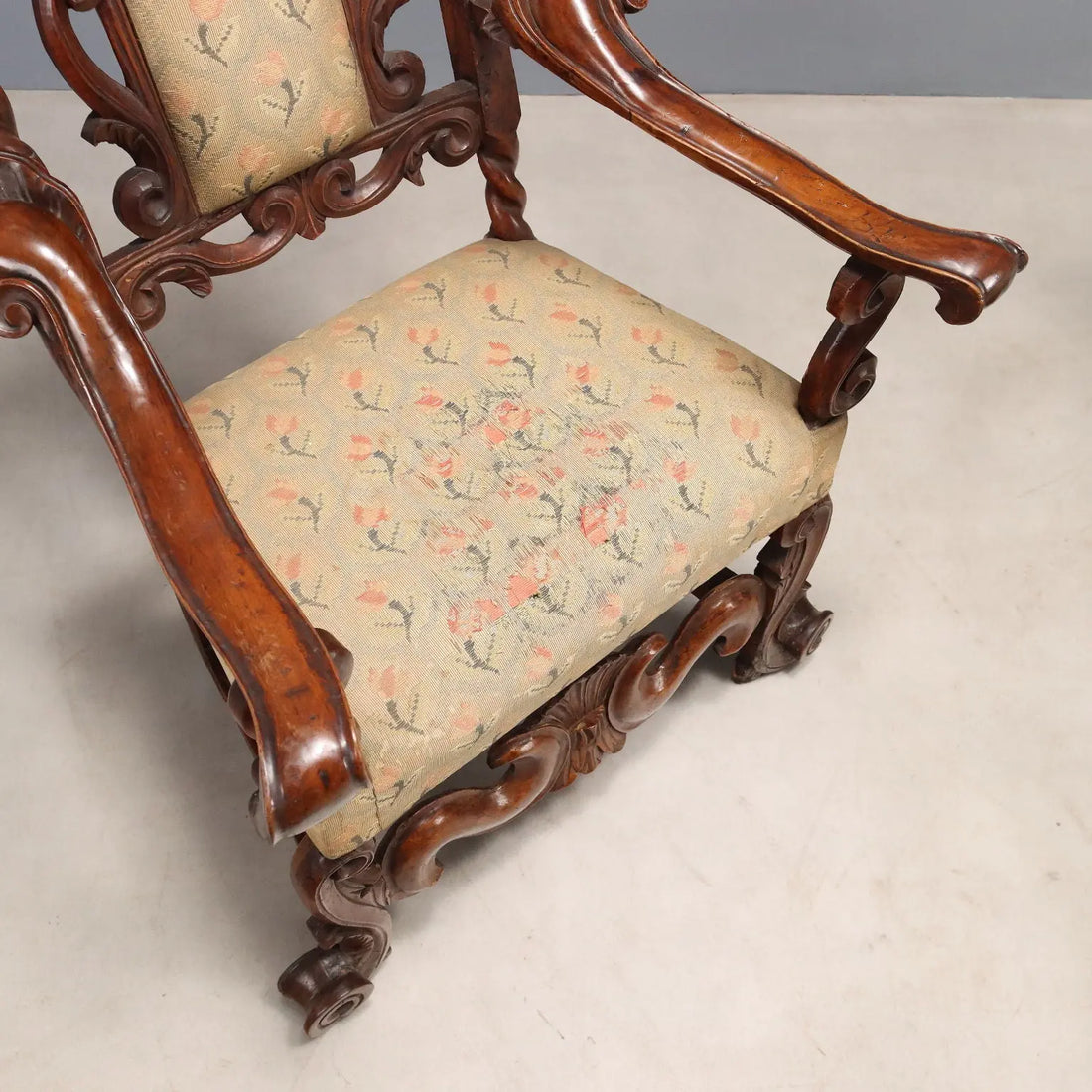 Antique Baroque Armchairs Walnut Fabric Italy XVII Century