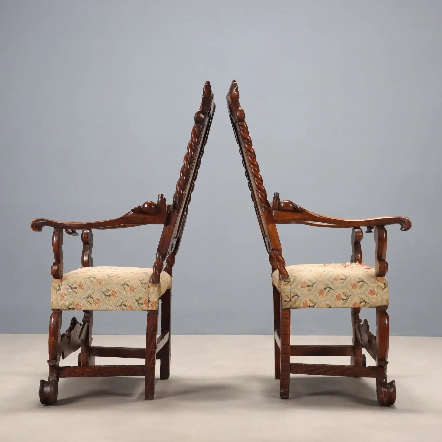 Antique Baroque Armchairs Walnut Fabric Italy XVII Century
