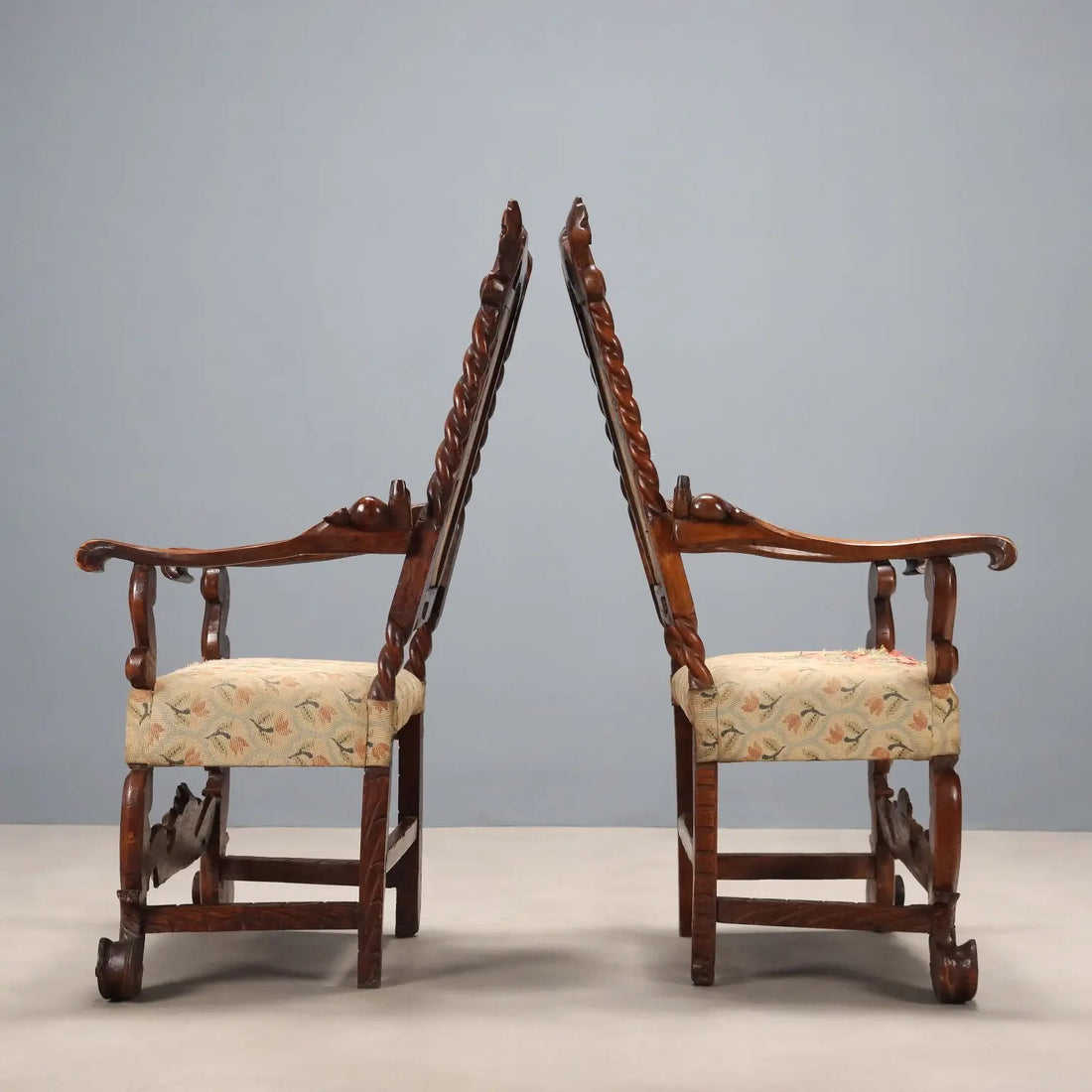 Antique Baroque Armchairs Walnut Fabric Italy XVII Century
